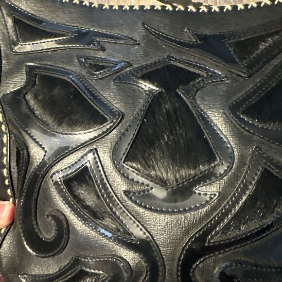 Antonio Melani Black Saffiano Leather Applique Rustic Shoulder Bag Calf Hair